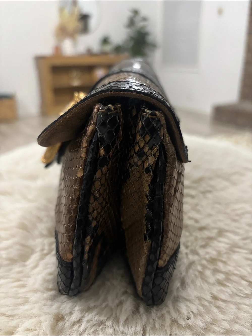 Doncaster Embossed Snakeskin Leather Clutch Bronze Gold‎ Rhinestone Snake